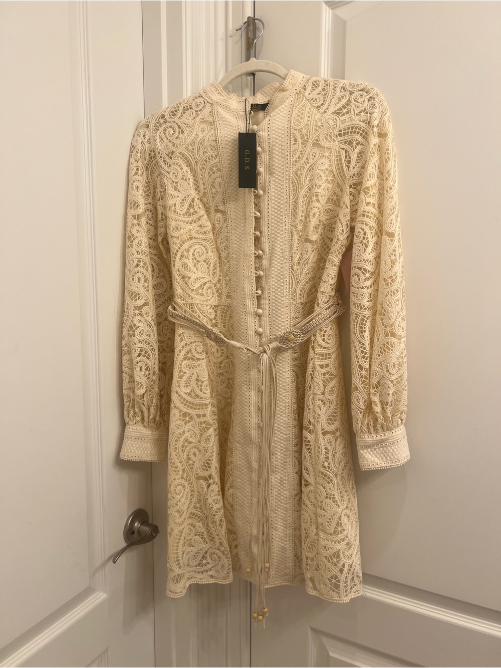 Cream Lace Long-Sleeve Belted Dress NWT